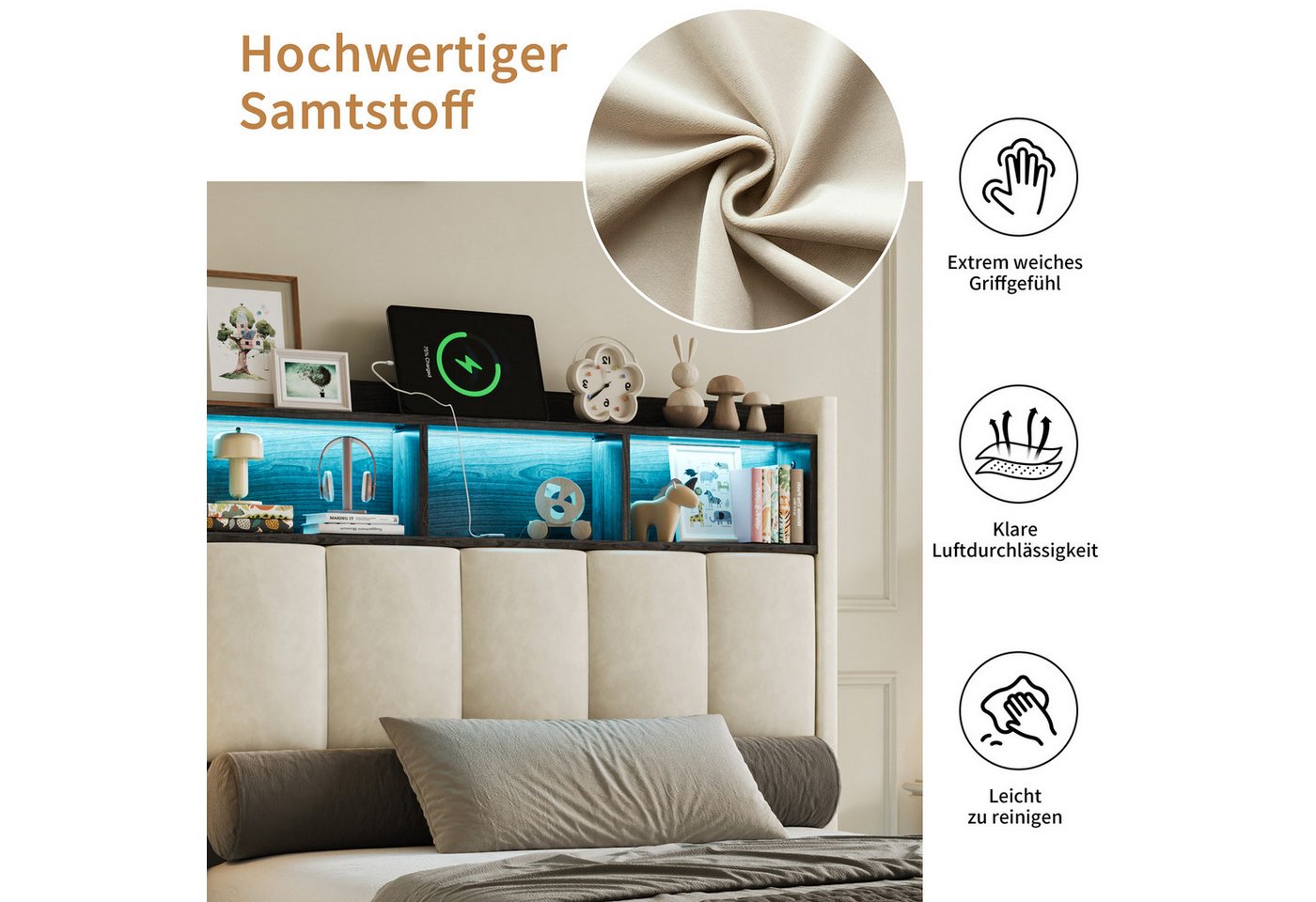 Simurq Polsterbett 90x200 mit Bettkasten, Einzelbett, Jugendbett, Bettgestell (1 tlg, ohne Matratze, Mit Lattenrost), LED Samtbett, mit Ablage & USB Port, Moder – Bild 4 von 5