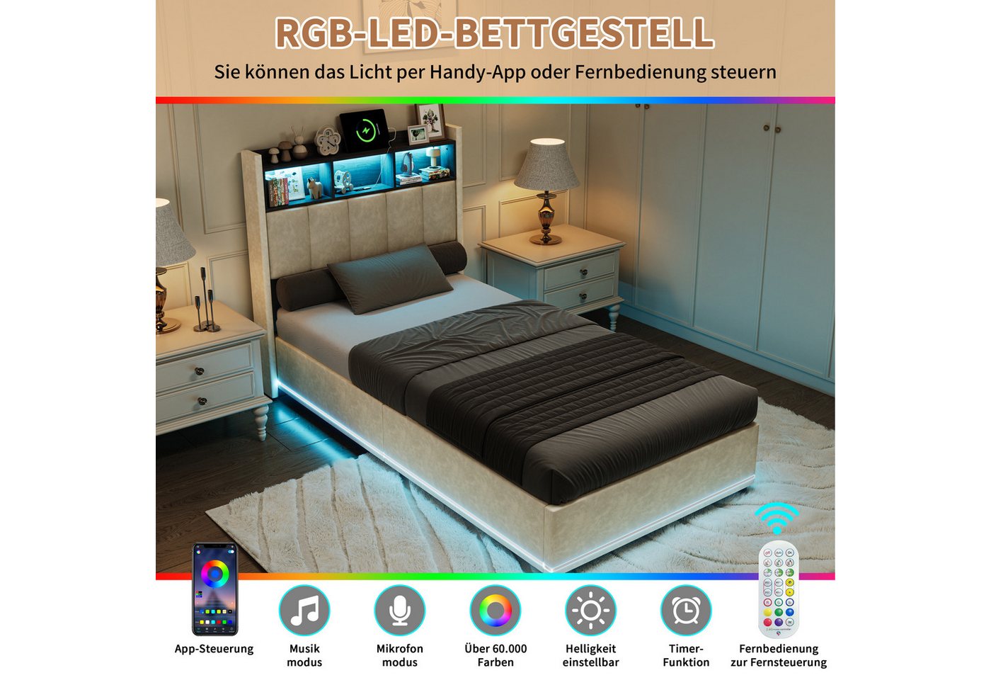 Simurq Polsterbett 90x200 mit Bettkasten, Einzelbett, Jugendbett, Bettgestell (1 tlg, ohne Matratze, Mit Lattenrost), LED Samtbett, mit Ablage & USB Port, Moder – Bild 5 von 5