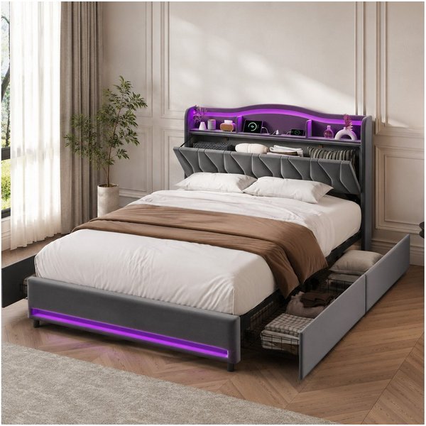 Simurq Polsterbett bett 140x200,polsterbett mit LED und USB,doppelbett mit 4 Schubladen (1-tlg,USB +Type-C,modernes design), Jugendbett mit Lattenrost,140x200 c