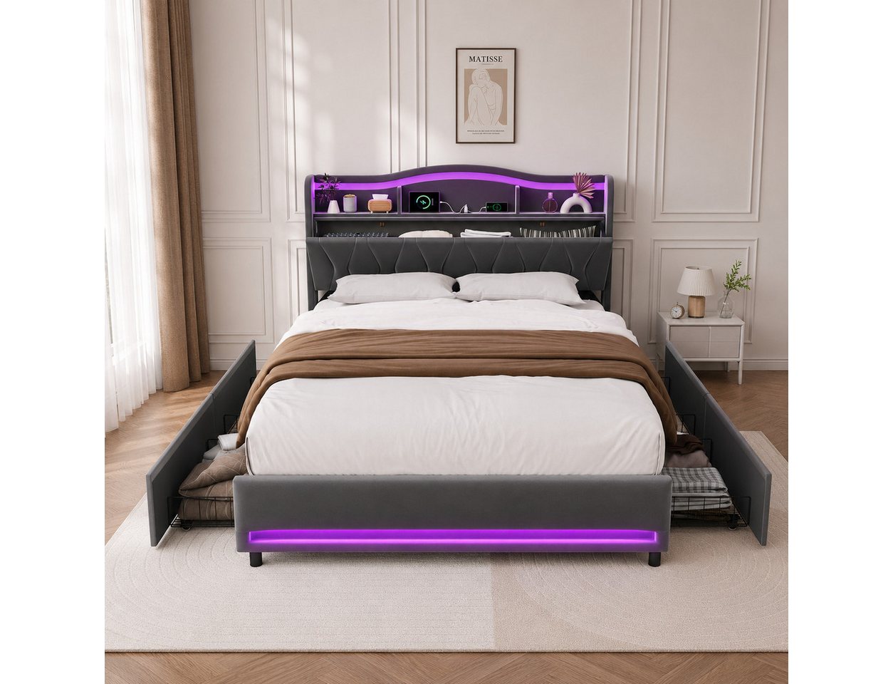 Simurq Polsterbett bett 140x200,polsterbett mit LED und USB,doppelbett mit 4 Schubladen (1-tlg,USB +Type-C,modernes design), Jugendbett mit Lattenrost,140x200 c – Bild 2 von 5
