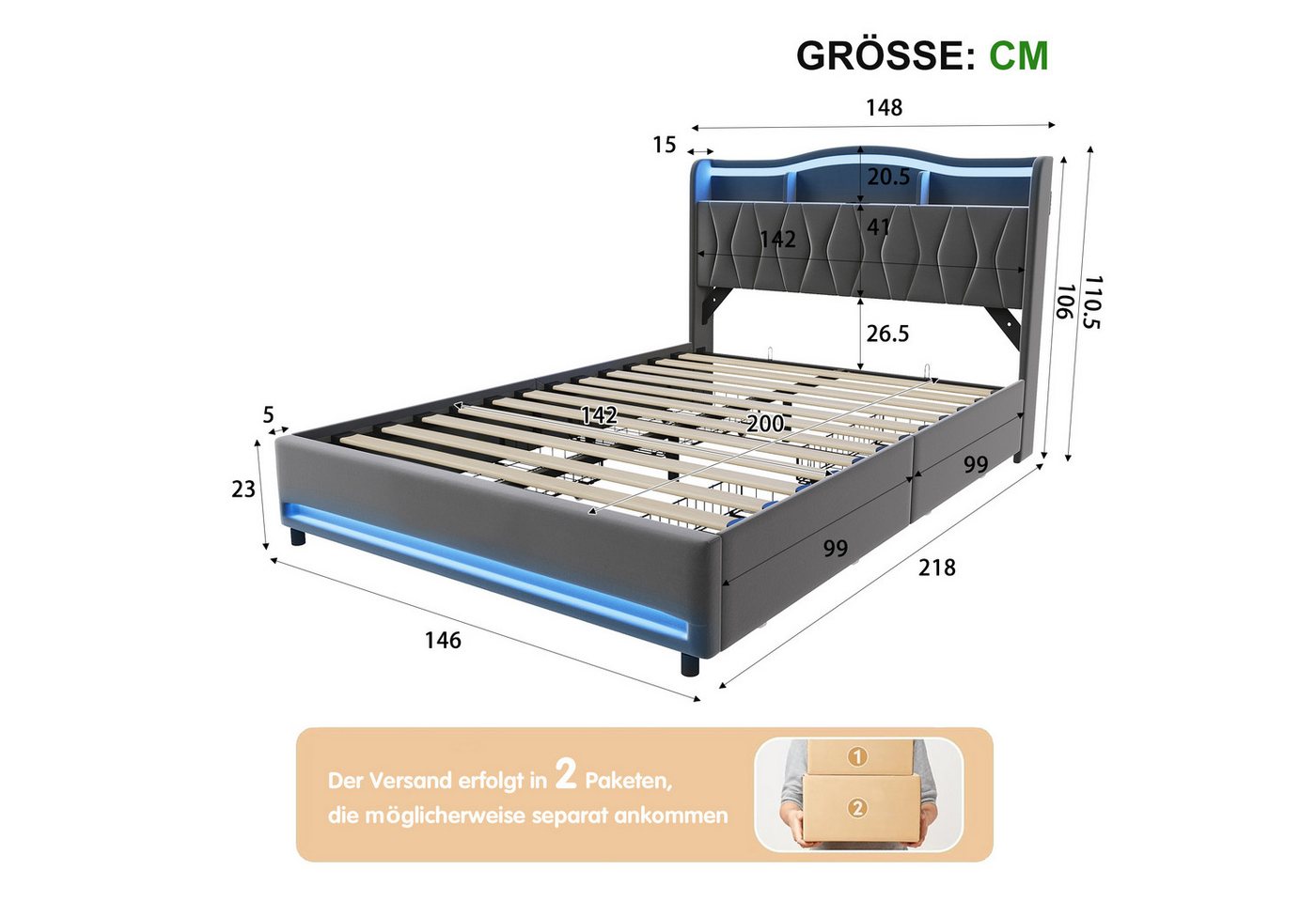 Simurq Polsterbett bett 140x200,polsterbett mit LED und USB,doppelbett mit 4 Schubladen (1-tlg,USB +Type-C,modernes design), Jugendbett mit Lattenrost,140x200 c – Bild 3 von 5