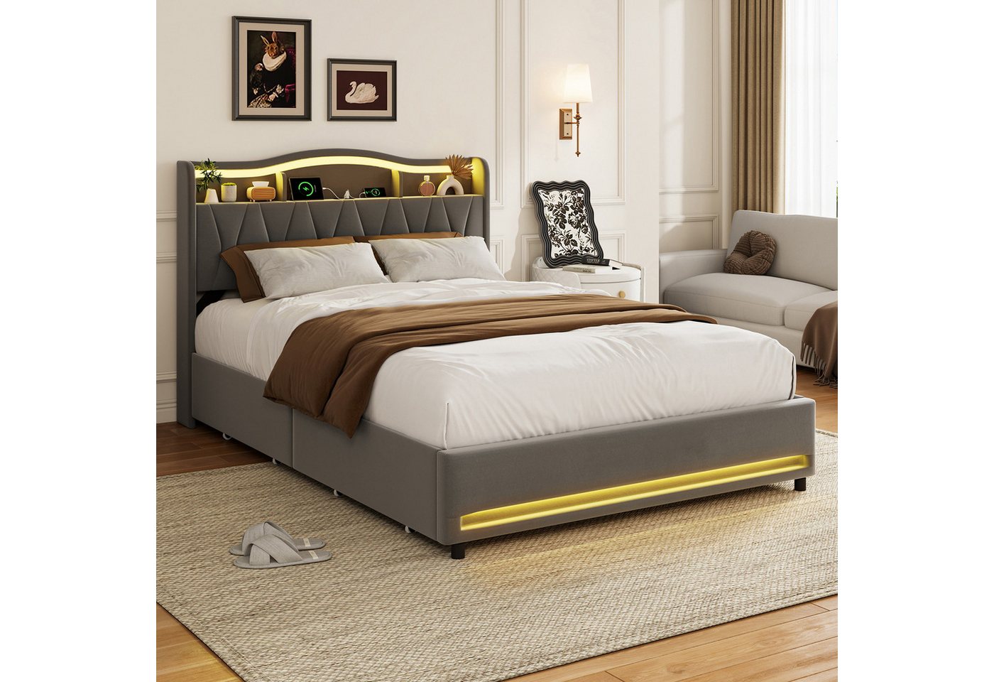 Simurq Polsterbett bett 140x200,polsterbett mit LED und USB,doppelbett mit 4 Schubladen (1-tlg,USB +Type-C,modernes design), Jugendbett mit Lattenrost,140x200 c – Bild 4 von 5