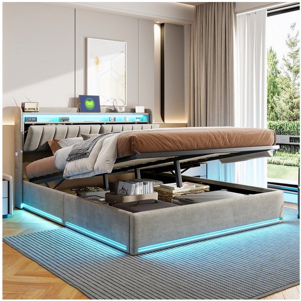 Simurq Polsterbett Boxspringbett 140 x 200,Polsterbett,Hydraulisch Stauraumbett (Bett 140x200,Lattenrost), bettgestell mit LED und USB