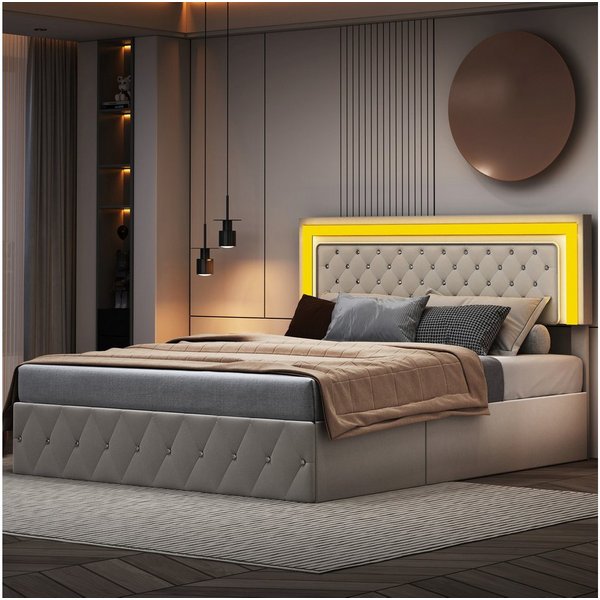 Simurq Polsterbett Boxspringbett 140x200,Polsterbett,140x200 Bett mit Untergestell,Beige (1-tlg, Stauraumbett mit Bettkasten und Kopfteil), Lattenrost,Samt
