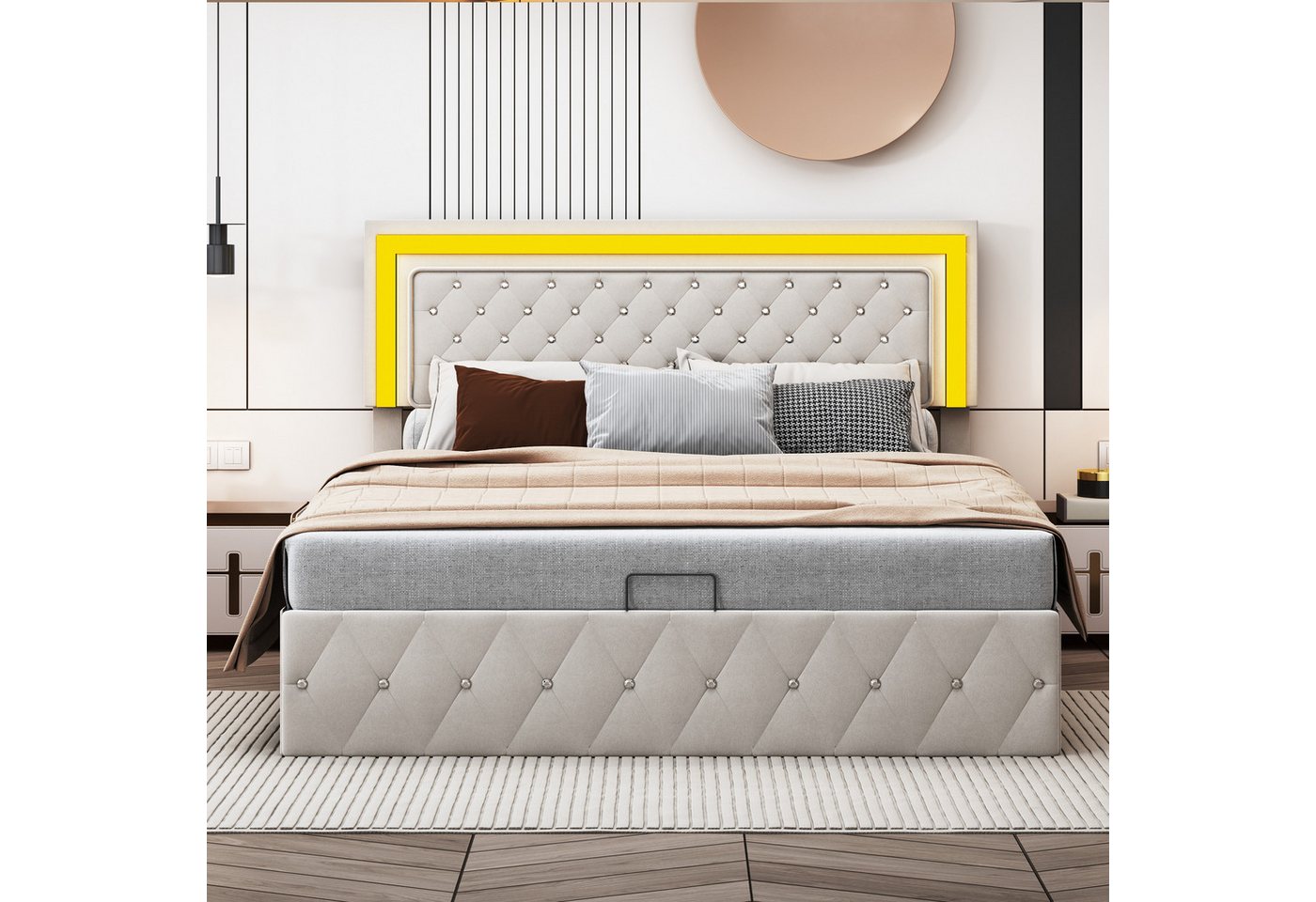 Simurq Polsterbett Boxspringbett 140x200,Polsterbett,140x200 Bett mit Untergestell,Beige (1-tlg, Stauraumbett mit Bettkasten und Kopfteil), Lattenrost,Samt – Bild 3 von 5