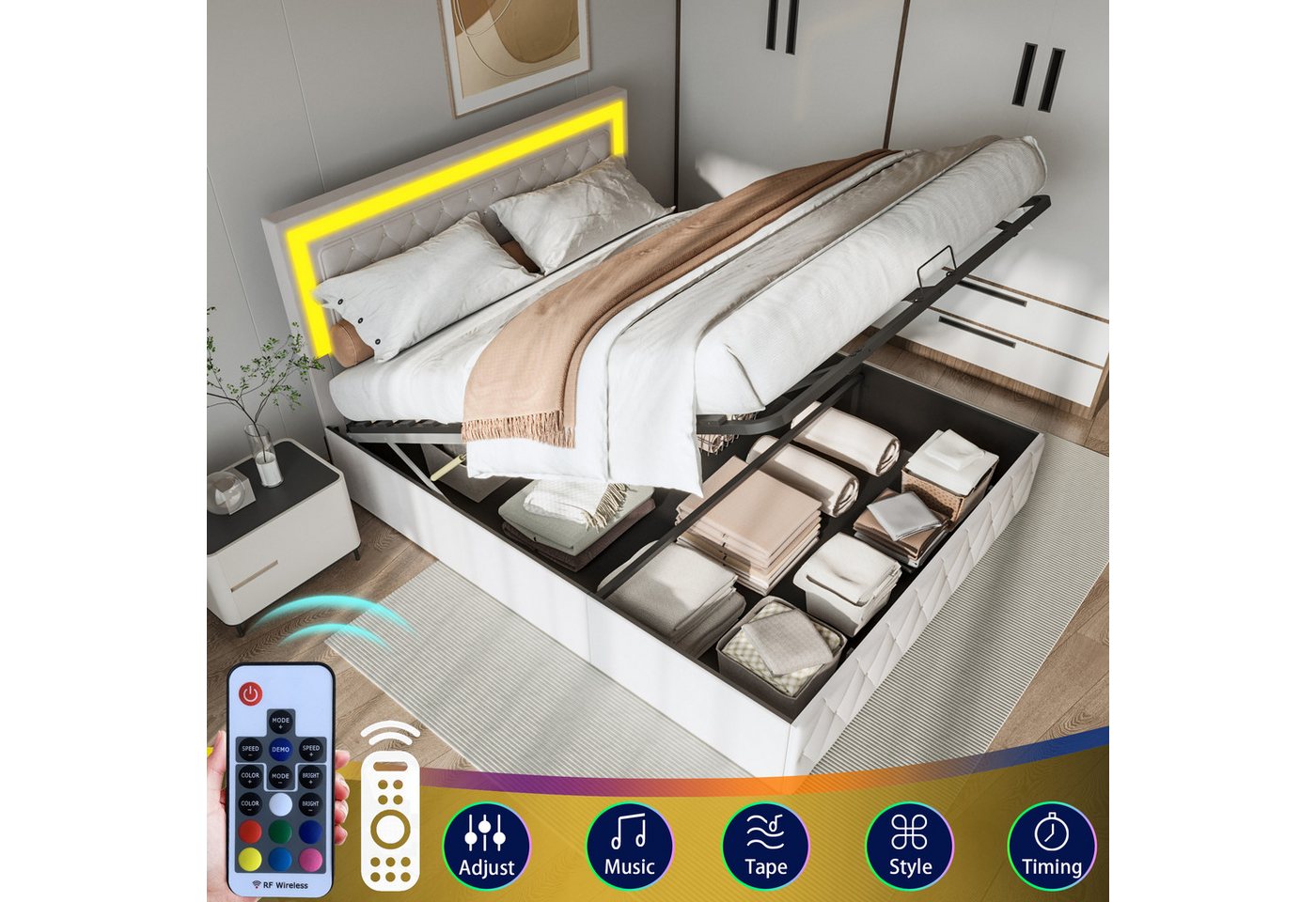 Simurq Polsterbett Boxspringbett 140x200,Polsterbett,140x200 Bett mit Untergestell,Beige (1-tlg, Stauraumbett mit Bettkasten und Kopfteil), Lattenrost,Samt – Bild 5 von 5
