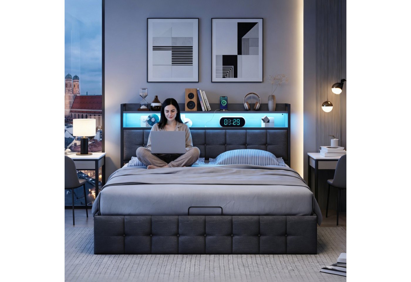 Simurq Polsterbett Doppelbett mit stauraum,Hydraulisches Stauraumbett 140 x 200 mit LED (Ohne Matratze,Leinen/PU), Jugendbett mit USB- und Type-C,Lattenrost, Ge – Bild 3 von 5