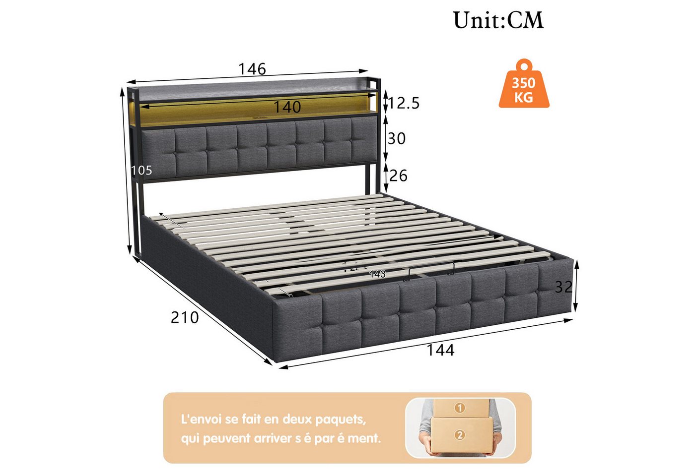 Simurq Polsterbett Doppelbett mit stauraum,Hydraulisches Stauraumbett 140 x 200 mit LED (Ohne Matratze,Leinen/PU), Jugendbett mit USB- und Type-C,Lattenrost, Ge – Bild 4 von 5