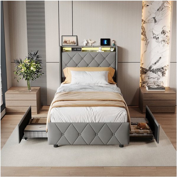 Simurq Polsterbett Einzelbett 90x200 mit 2 Schubladen, Jugendbett, Polsterbett, Gästebett, Bettgestell, Mit Lattenrost, mit USB-Ladestation & LED-Beleuchtung