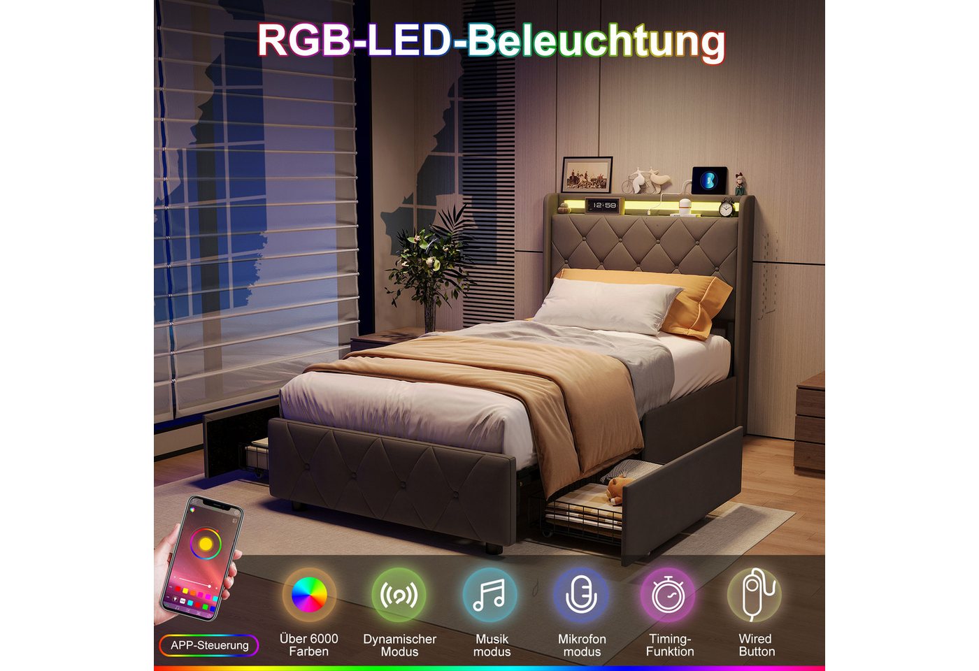 Simurq Polsterbett Einzelbett 90x200 mit 2 Schubladen, Jugendbett, Polsterbett, Gästebett, Bettgestell, Mit Lattenrost, mit USB-Ladestation & LED-Beleuchtung – Bild 2 von 5