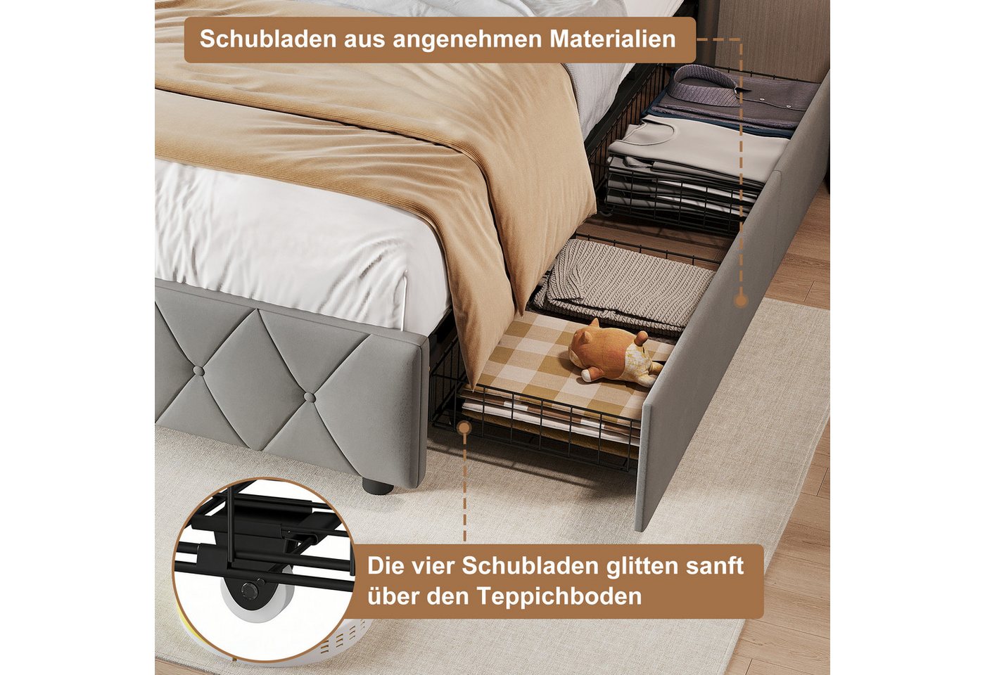 Simurq Polsterbett Einzelbett 90x200 mit 2 Schubladen, Jugendbett, Polsterbett, Gästebett, Bettgestell, Mit Lattenrost, mit USB-Ladestation & LED-Beleuchtung – Bild 4 von 5