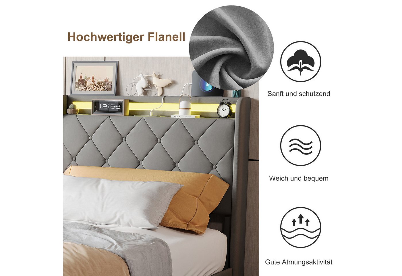Simurq Polsterbett Einzelbett 90x200 mit 2 Schubladen, Jugendbett, Polsterbett, Gästebett, Bettgestell, Mit Lattenrost, mit USB-Ladestation & LED-Beleuchtung – Bild 5 von 5