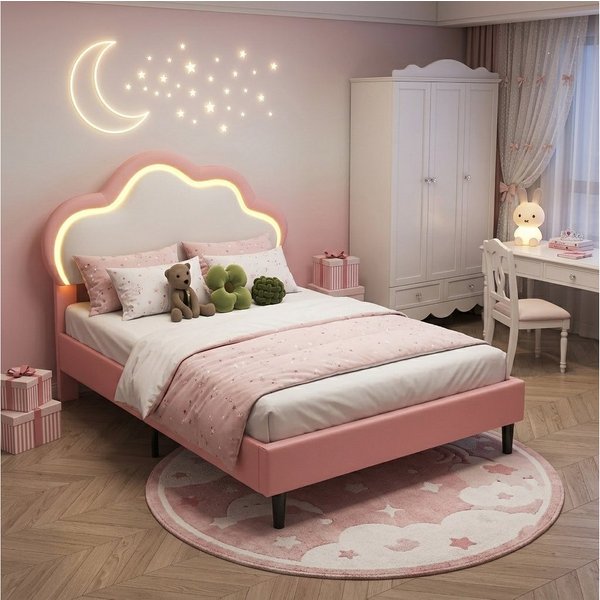 Simurq Polsterbett Kinderbetten,Polsterbetten,Einzelbetten,Jugendbett,90x200 cm (inkl. Lattenrost, Ohne Matratze, mit Kopfteil), mit Lattenrost,mit LED,90x200 c