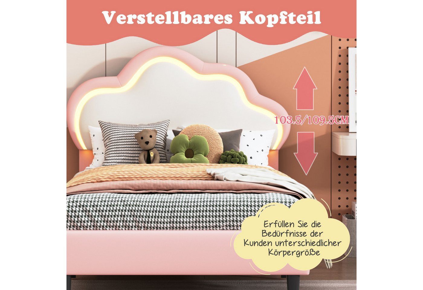Simurq Polsterbett Kinderbetten,Polsterbetten,Einzelbetten,Jugendbett,90x200 cm (inkl. Lattenrost, Ohne Matratze, mit Kopfteil), mit Lattenrost,mit LED,90x200 c – Bild 3 von 5