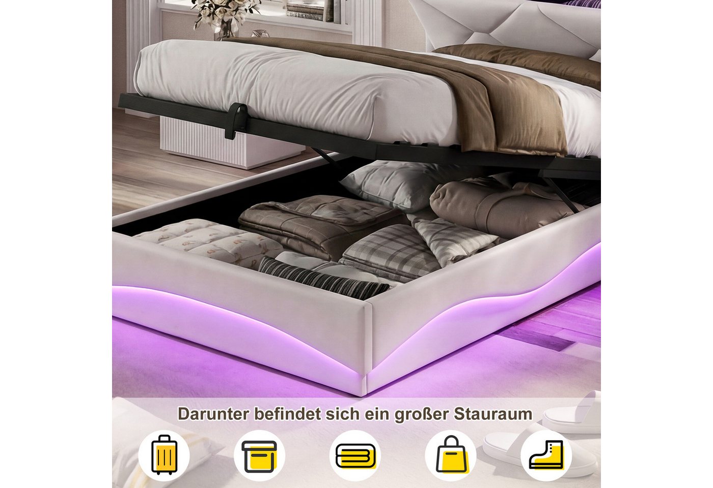 Simurq Polsterbett Samtbett 90x200, mit Bettkasten, LED-Beleuchtung und USB (1 tlg, ohne Matratze, Mit Lattenrost), Einzelbett mit Gaslift, Wellenoptik, Kopftei – Bild 3 von 5
