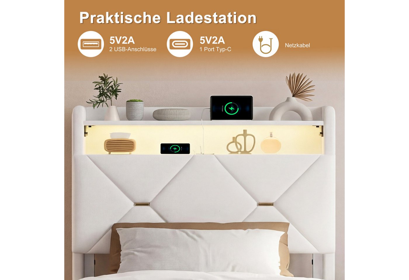 Simurq Polsterbett Samtbett 90x200, mit Bettkasten, LED-Beleuchtung und USB (1 tlg, ohne Matratze, Mit Lattenrost), Einzelbett mit Gaslift, Wellenoptik, Kopftei – Bild 4 von 5