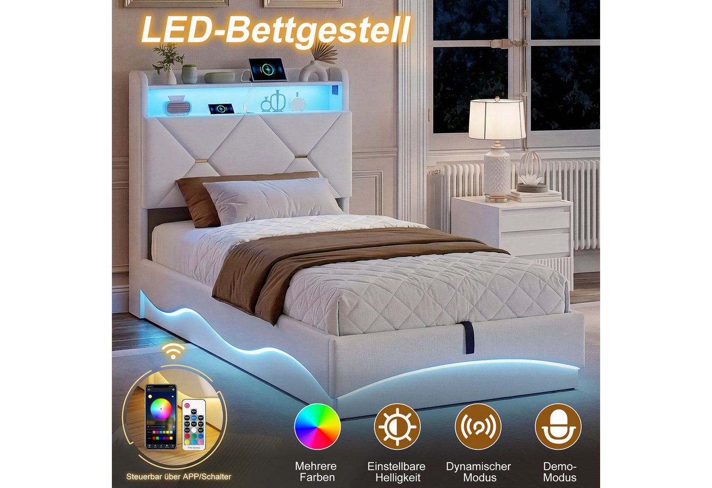 Simurq Polsterbett Samtbett 90x200, mit Bettkasten, LED-Beleuchtung und USB (1 tlg, ohne Matratze, Mit Lattenrost), Einzelbett mit Gaslift, Wellenoptik, Kopftei – Bild 5 von 5