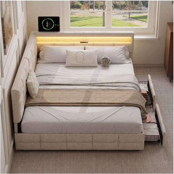 Simurq Polsterbett Schlafsofa 140x200,L-Form Daybett Jugendbett Tagesbett,Gästebett (LED-Beleuchtung & Ladestation, Gästebett Bettgestell mit Lattenrost), L-för
