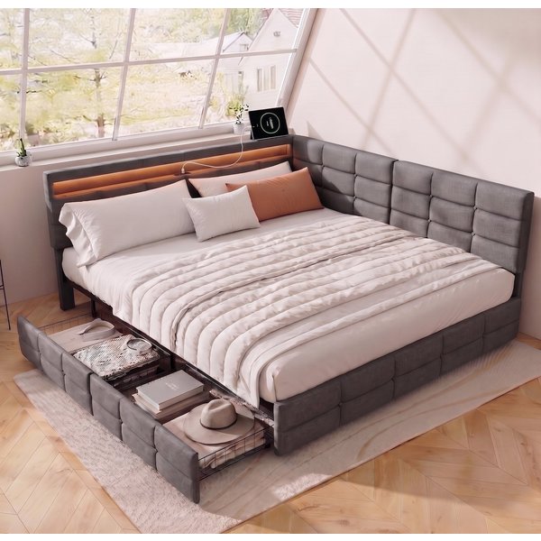 Simurq Polsterbett Schlafsofa 140x200,L-Form Daybett Jugendbett Tagesbett,Gästebett (LED-Beleuchtung & Ladestation, Gästebett Bettgestell mit Lattenrost), L-för