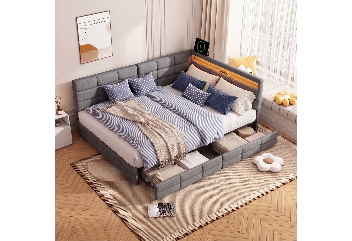 Simurq Polsterbett Schlafsofa 140x200,L-Form Daybett Jugendbett Tagesbett,Gästebett (LED-Beleuchtung & Ladestation, Gästebett Bettgestell mit Lattenrost), L-för – Bild 2 von 5