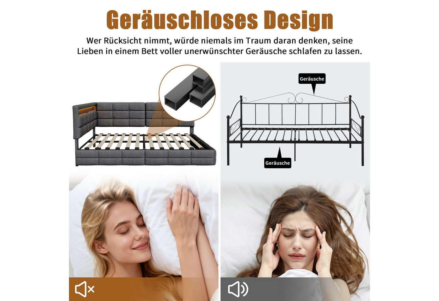 Simurq Polsterbett Schlafsofa 140x200,L-Form Daybett Jugendbett Tagesbett,Gästebett (LED-Beleuchtung & Ladestation, Gästebett Bettgestell mit Lattenrost), L-för – Bild 4 von 5