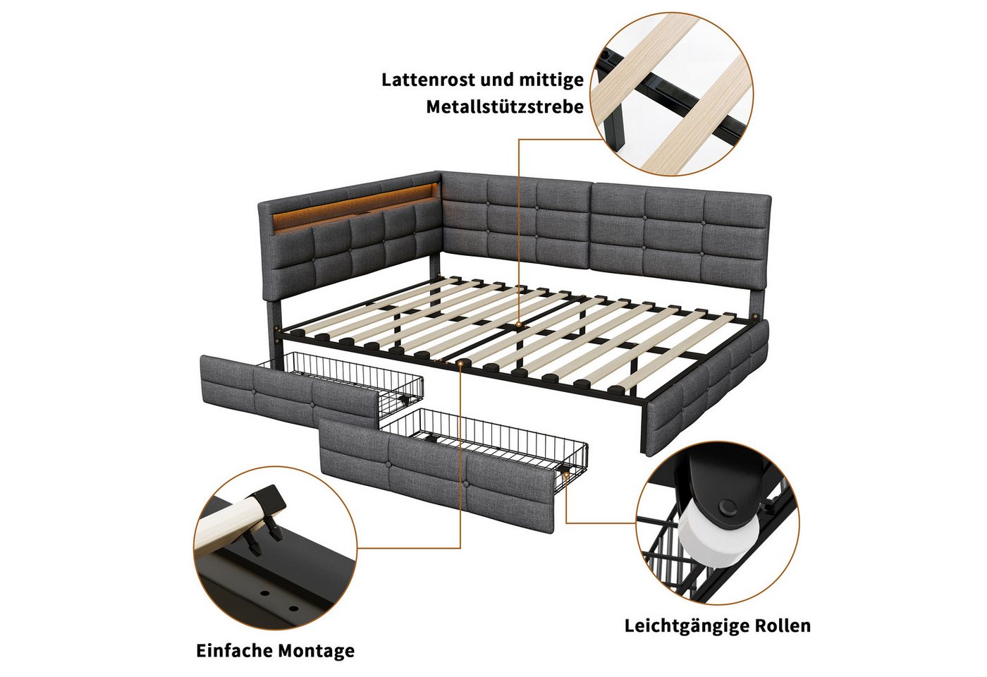 Simurq Polsterbett Schlafsofa 140x200,L-Form Daybett Jugendbett Tagesbett,Gästebett (LED-Beleuchtung & Ladestation, Gästebett Bettgestell mit Lattenrost), L-för – Bild 5 von 5