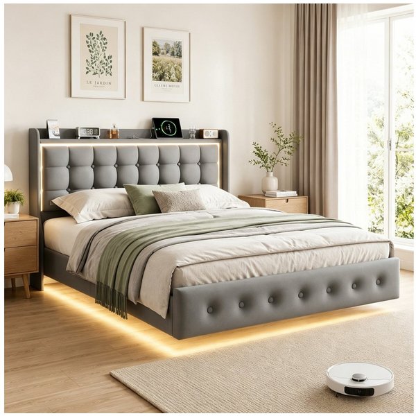 Simurq Polsterbett Schwebebett mit LED-Beleuchtung und USB, Doppelbett 140x200cm (Packung, 1-tlg., Jugendbett mit Kopfteil, Samtstoff), Schwebender visueller Ef