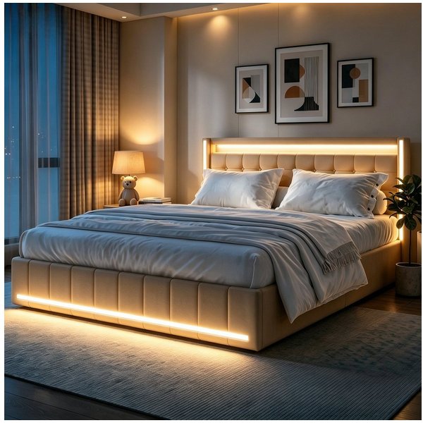 Simurq Polsterbett Stauraumbett Doppelbett mit LED Beleuchtung und Ladefunktion (Mit Komforthöhe Lattenrost, Leises Design Bett), Jugendbett 4 Schubladen Staura