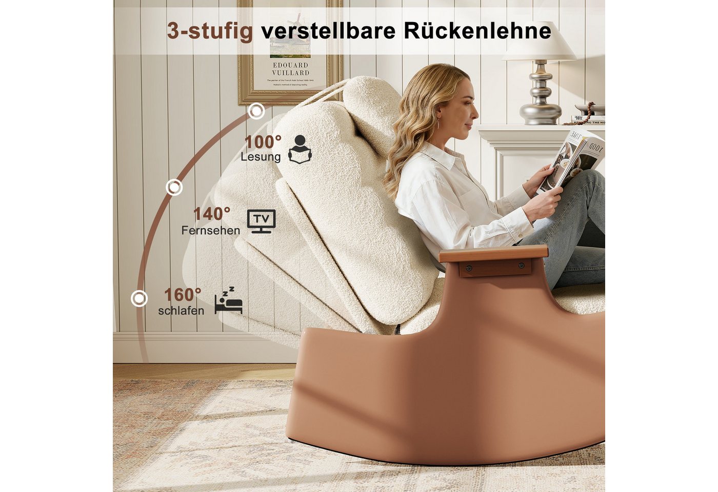 Simurq Schaukelstuhl Schaukelstuhl mit Hocker, verstellbare Rückenlehne, Kopfstütze (1 St), 3-fach verstellbarer Sessel mit Holzarmlehnen – Bild 2 von 5