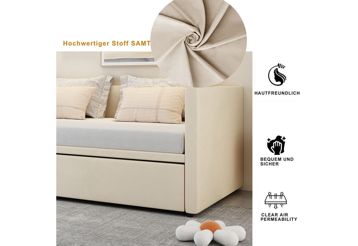 Simurq Schlafsofa Ausziehbares Schlafsofa, Gästebett mit Armlehnen, Tagesbett, Daybett Schlafsofa mit Ausziehbett 90/180x200cm Samt Bezug – Bild 3 von 5