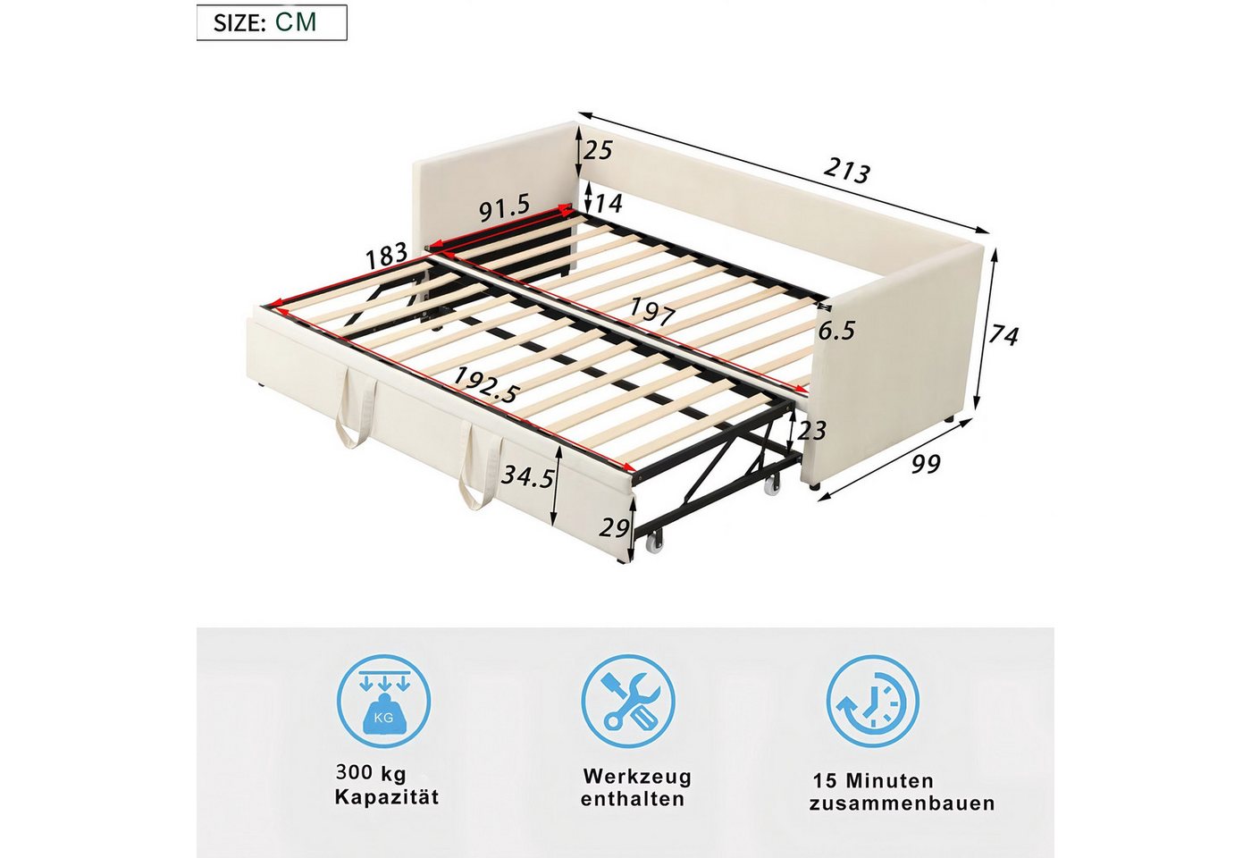 Simurq Schlafsofa Ausziehbares Schlafsofa, Gästebett mit Armlehnen, Tagesbett, Daybett Schlafsofa mit Ausziehbett 90/180x200cm Samt Bezug – Bild 5 von 5