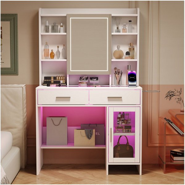 Simurq Schminktisch Schminktisch, Frisiertisch, Kosmetiktisch, Make-up-Tisch, Weiß (1 Schminktisch, Ohne Hocker), Frisiertisch mit gehärteter Glasplatte, 87x40x