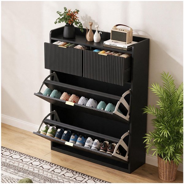 Simurq Schuhschrank Schuhkipper mit Klappen,Schwarz,80x24x110cm (1-St., für Flur Wohnzimmer 80x24x110cm) Schuhkommode aus MDF mit Schublade