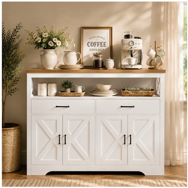 Simurq Sideboard Buffetschrank 140 cm mit 4 Türen, 2 Schubladen im Landhausstil (Einzelartikel, 1-teilig), Höhenverstellbare Einlegeböden und offener Ablagebere