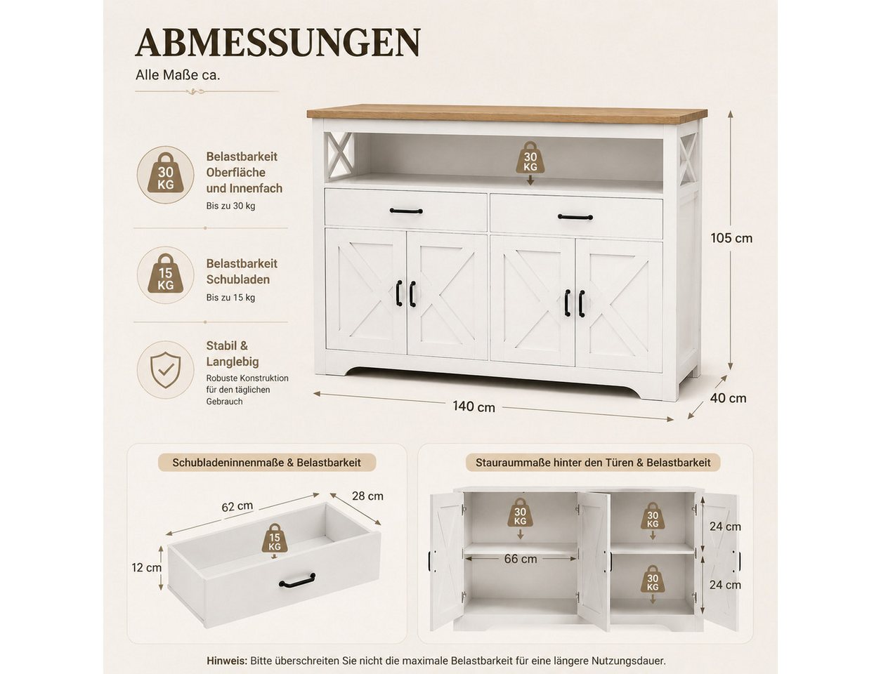 Simurq Sideboard Buffetschrank 140 cm mit 4 Türen, 2 Schubladen im Landhausstil (Einzelartikel, 1-teilig), Höhenverstellbare Einlegeböden und offener Ablagebere – Bild 2 von 5