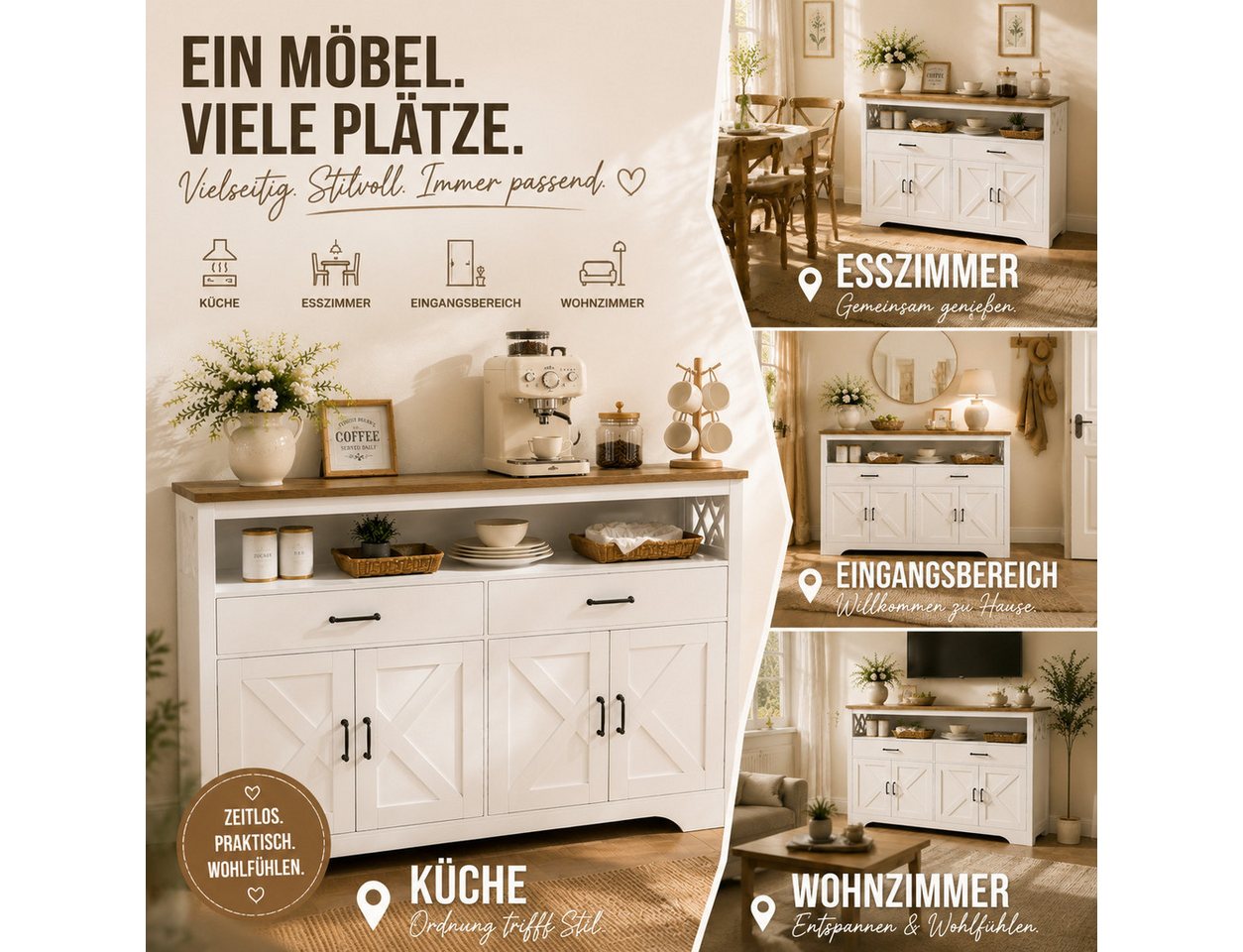 Simurq Sideboard Buffetschrank 140 cm mit 4 Türen, 2 Schubladen im Landhausstil (Einzelartikel, 1-teilig), Höhenverstellbare Einlegeböden und offener Ablagebere – Bild 4 von 5