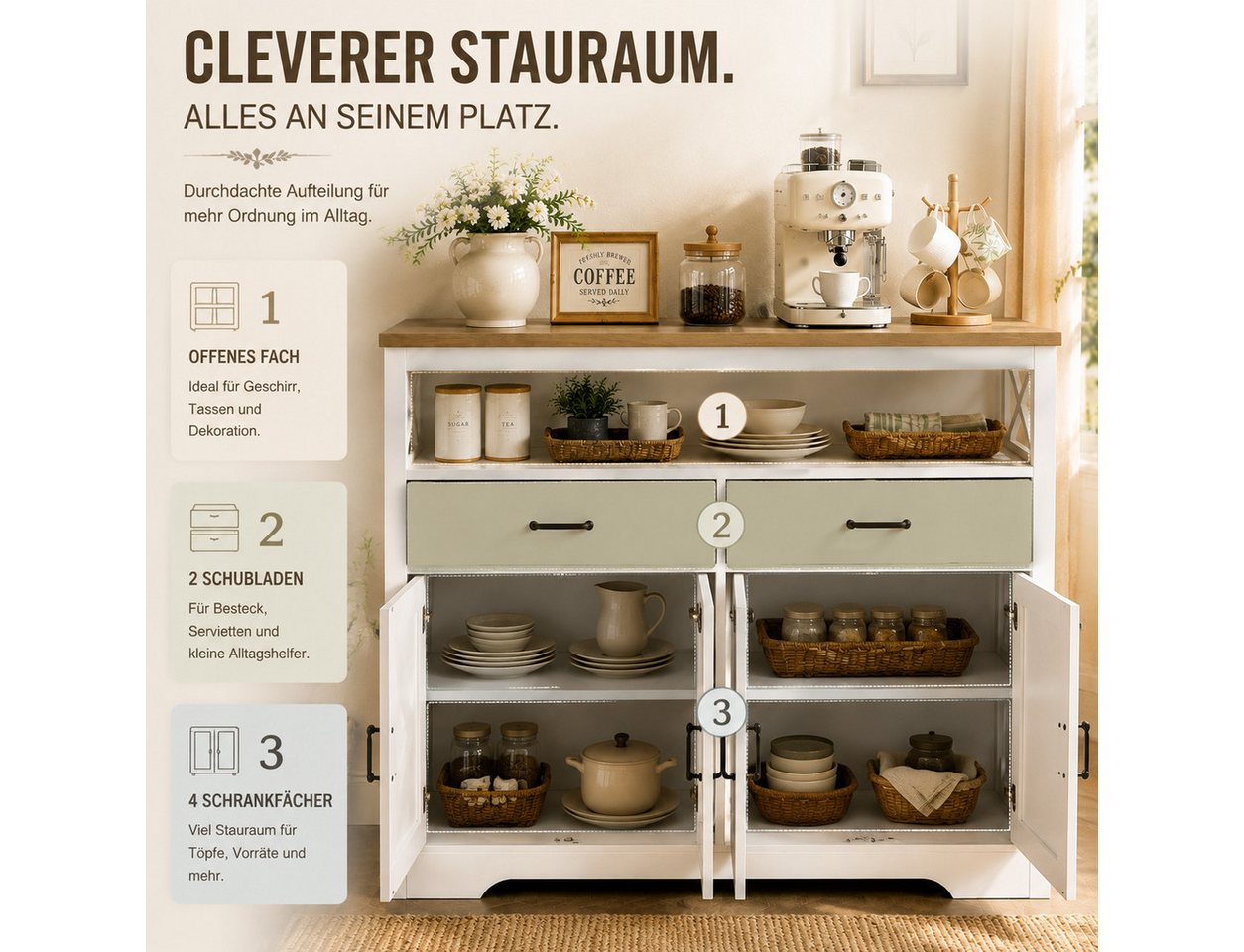 Simurq Sideboard Buffetschrank 140 cm mit 4 Türen, 2 Schubladen im Landhausstil (Einzelartikel, 1-teilig), Höhenverstellbare Einlegeböden und offener Ablagebere – Bild 5 von 5