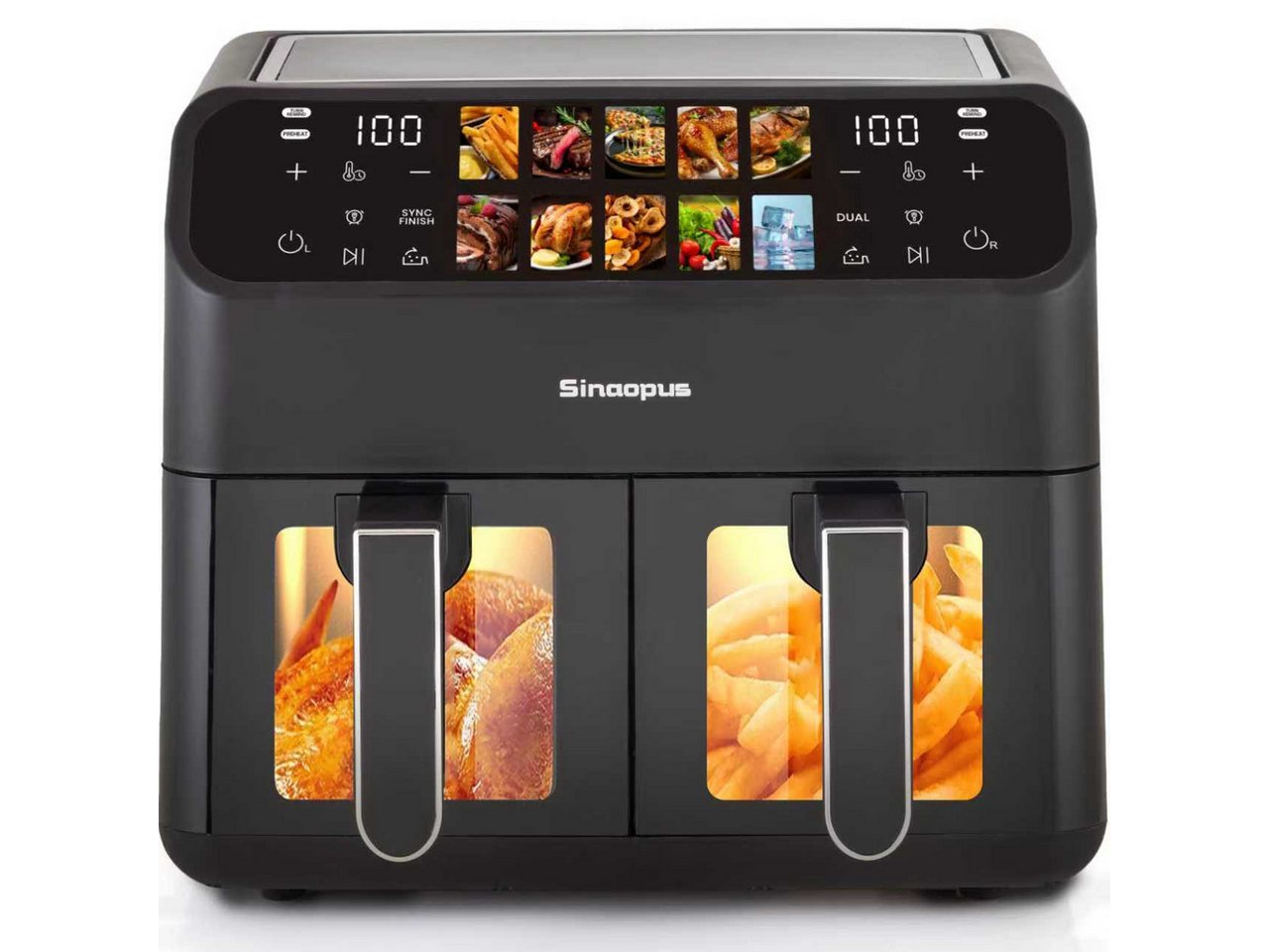 Sinaopus Heißluftfritteuse 10L Dual Zone, 2 Körbe, Airfryer XXL mit 10 Programmen, 2000 W, Doppelkammer-Airfryer mit LED-Touchscreen & 80–200 °C – Bild 3 von 5