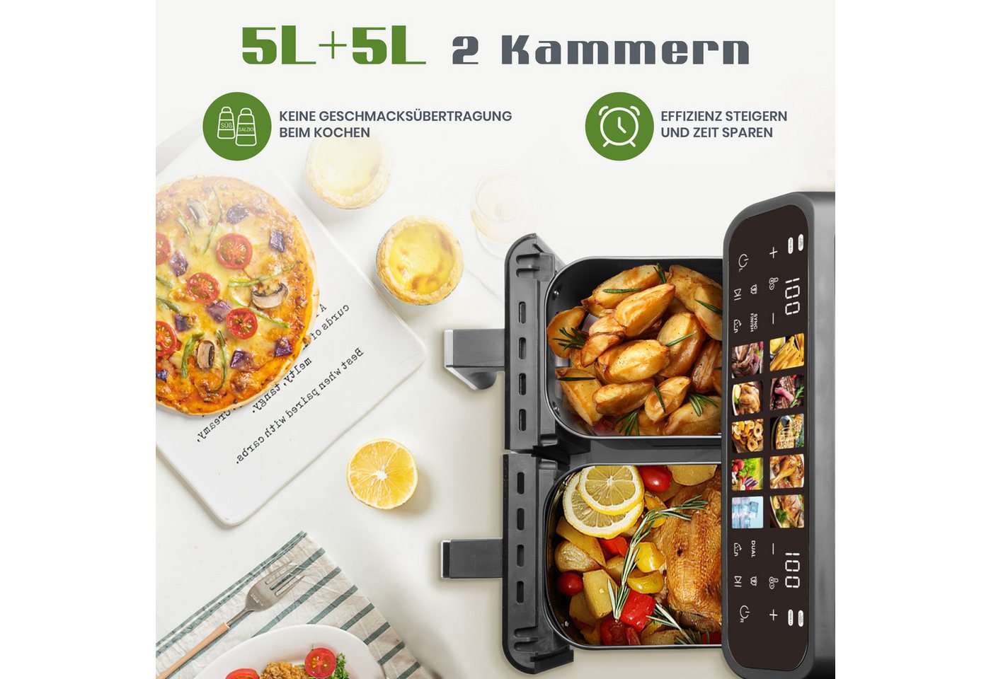Sinaopus Heißluftfritteuse 10L Dual Zone, 2 Körbe, Airfryer XXL mit 10 Programmen, 2000 W, Doppelkammer-Airfryer mit LED-Touchscreen & 80–200 °C – Bild 4 von 5