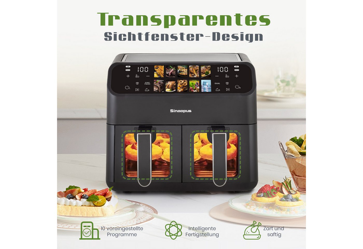 Sinaopus Heißluftfritteuse 10L Dual Zone, 2 Körbe, Airfryer XXL mit 10 Programmen, 2000 W, Doppelkammer-Airfryer mit LED-Touchscreen & 80–200 °C – Bild 5 von 5