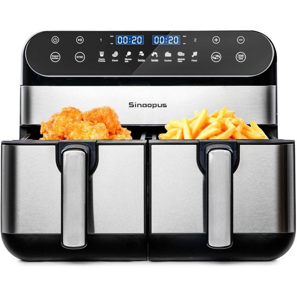 Sinaopus Heißluftfritteuse 10L Dual-Zone Airfryer – Familienessen & Snacks gleichzeitig knusprig garen, 2400 W, 2 Frittierfächer, SYNC, Doppelkochen, 8 Programm