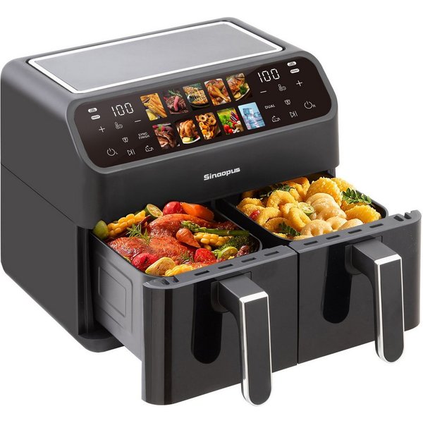 Sinaopus Heißluftfritteuse 10L XXL, Dual-Zone Airfryer 2000W mit 2×5L Körben & 10 Programmen, 2000 W, Doppelkammer-Airfryer mit LED-Touchdisplay, SYNC Funktion 