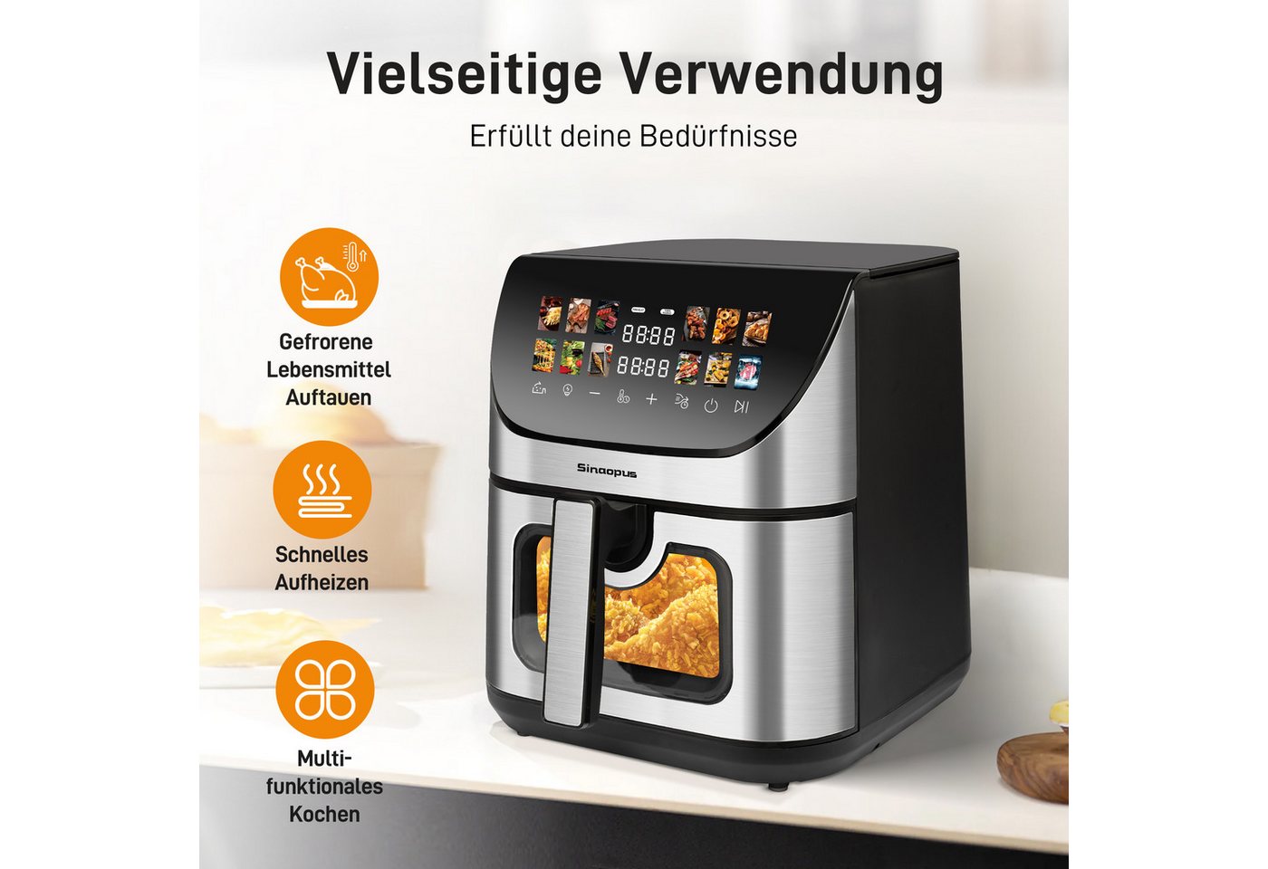 Sinaopus Heißluftfritteuse 8,5L XXL, Airfryer mit Sichtfenster, 12 Programmen, 1800,00 W, Airfryer mit LED-Farbdisplay, Timer & 80–200 °C Temperatur – Bild 3 von 5