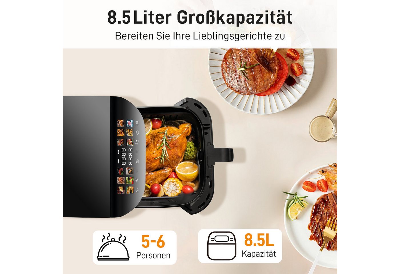 Sinaopus Heißluftfritteuse 8,5 L XXL Airfryer mit LED-Farbdisplay, großem Sichtfenster, 1800,00 W, 12 Automatikprogrammen und 1800 W Leistung – Bild 3 von 5