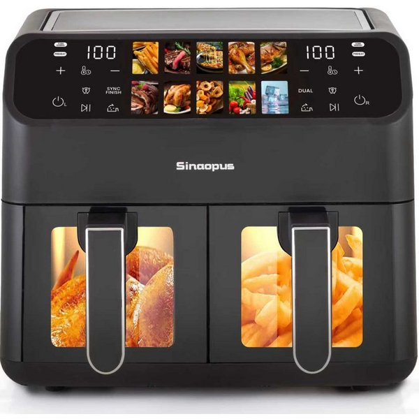 Sinaopus Heißluftfritteuse 9L XXL, Dual Airfryer 2000W mit LED-Display, Sichtfenster & 10 Programmen, 2000 W, Doppelkammer-Airfryer mit LED-Display, Sichtfenste