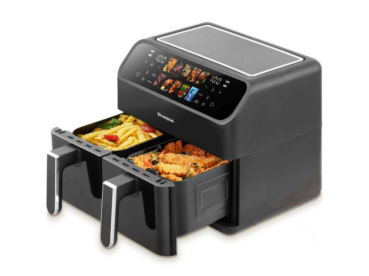 Sinaopus Heißluftfritteuse 9L XXL, Dual Airfryer 2000W mit LED-Display, Sichtfenster & 10 Programmen, 2000 W, Doppelkammer-Airfryer mit LED-Display, Sichtfenste – Bild 2 von 5