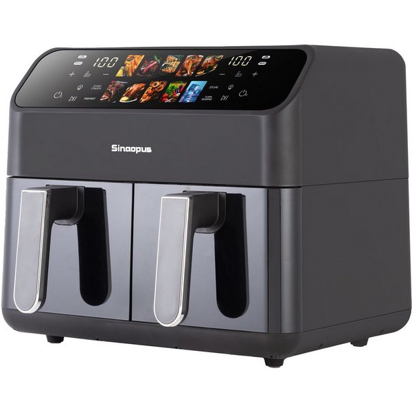 Sinaopus Heißluftfritteuse Doppelkammer 9 L Airfryer mit Sichtfenster & Farbdisplay – XXL, 2000,00 W, 9 L Kapazität, 10 Automatikprogrammen und intuitiver Touch