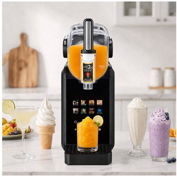 Sinaopus Slush-Eismaschine ohne Eiswürfel, 7 Programme + Selbstreinigung, Farbiges Touchdisplay, 1,8 l, 200 W, 360°-Rühren + 10 Konsistenzstufen, für Eiscreme, 