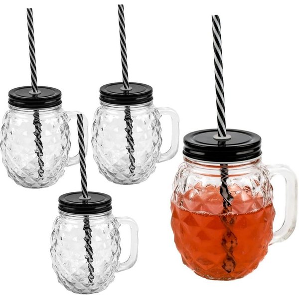 Sinoba Gläser-Set 3D Ananas Trinkglas Set Trinkgläser Garten Party Sommer Grill Deko, 4-tlg., mit Deckel und stabilem Strohhalm 450ml