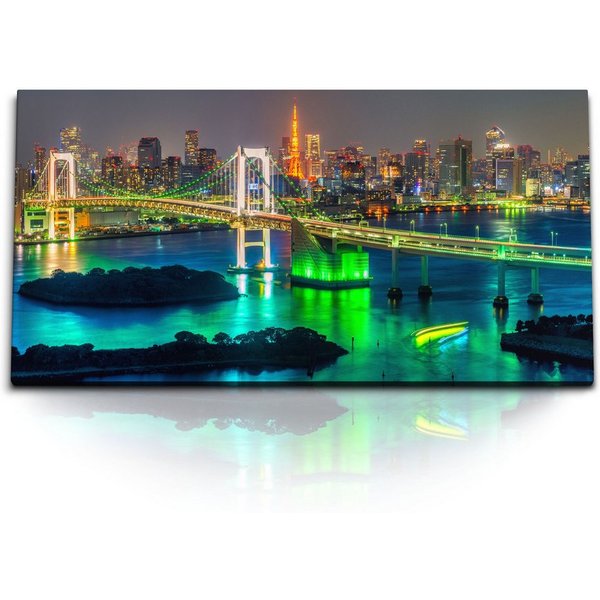 Sinus Art Leinwandbild Kunstdruck Bilder 120x60cm Tokio Skyline Japan Nacht Stadt Wolkenkratz, (1 St)